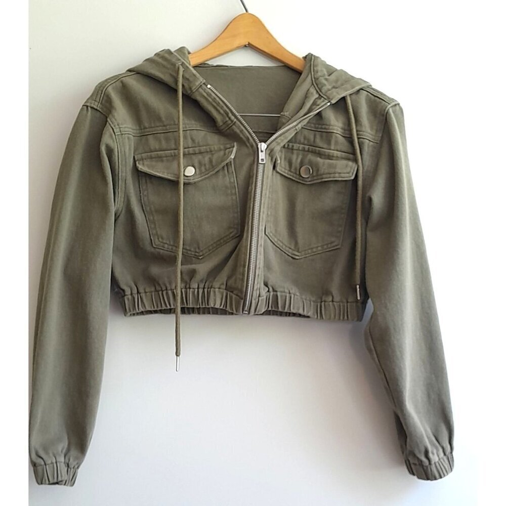 Womens Cropped Jacket Utility Gorpcore Outdoor Hooded Size M Army Green